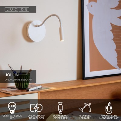 Lucide JOLIJN - Oplaadbare Bedlamp / Wandlamp - Accu/Batterij - Ø 11 cm - LED - 1x2W 3000K - Magnetisch - Wit
